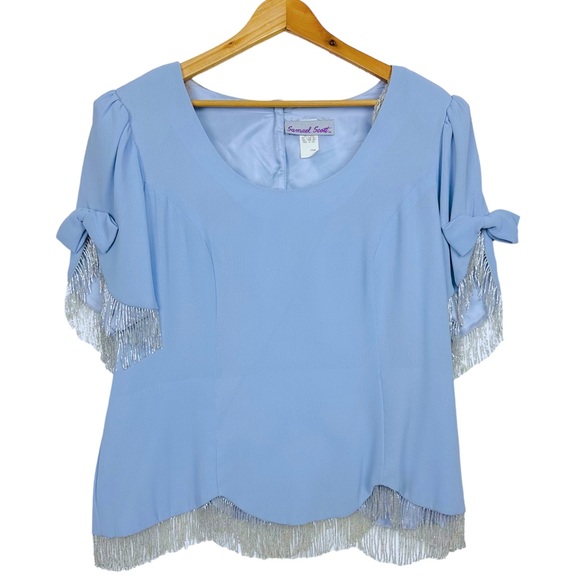 Samuel Scott Vintage Short Sleeve Back Button Beaded Fringe Blouse Light Blue - Picture 9 of 9